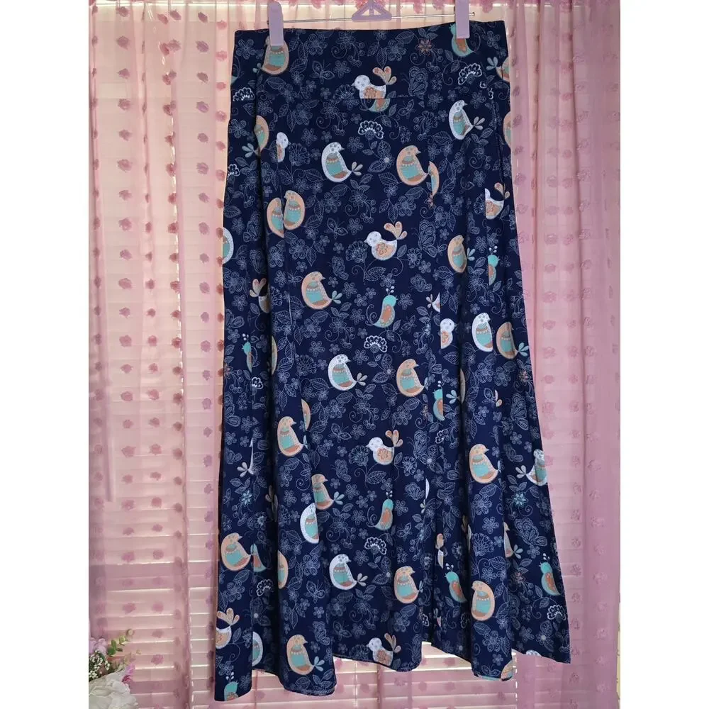 Handmade Bird Print Cotton Skirt Whimsical Scandinavian Folk Art Cottagecore Med